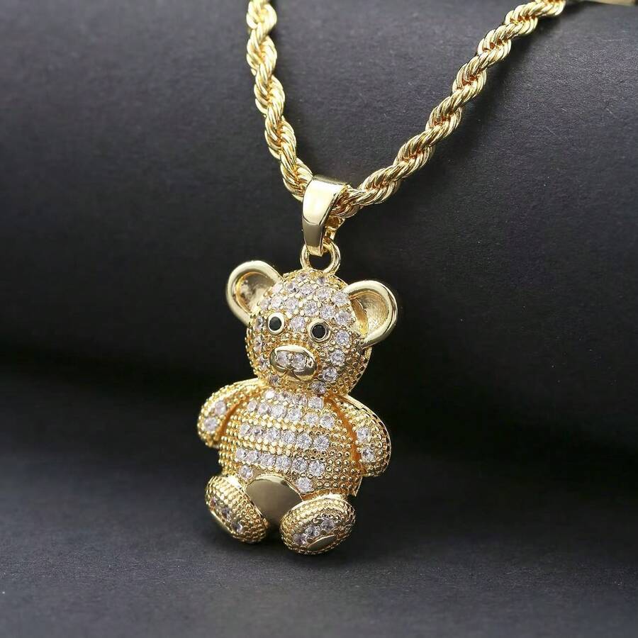 1pc Elegant Niche Cute Bear Pendant Necklace, Copper Inlaid Zirconia Copper Women Pendant Necklace For Daily Wear & Festivals - Yellow Gold - View 1