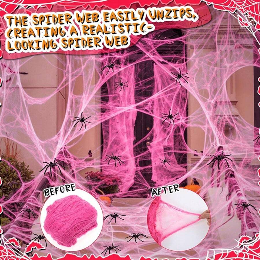 1 Set Halloween New Pink Spider Cotton Scene Decoration Spider Web Pink Spider Web Haunted House Prop Cotton - A - View 1