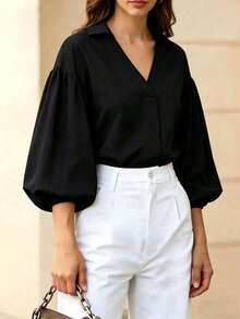 Women's Elegant Lantern Sleeve Button V-Neck Blouse, Loose Fit Top For Autumn Black - Black - View 4