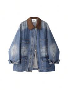 Brown American Retro Maillard Style Versatile Denim Jacket Zip-Up Top For College Office Daily Wear Spring Autumn - Blue - View 3