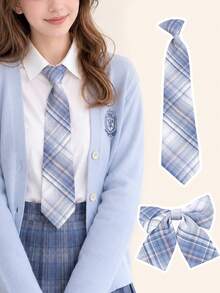 1件裝藍色格紋JK領帶/蝴蝶結 日式校服配件 女款女大學生風格西裝襯衫裝飾 - 彩色 - 查看 1