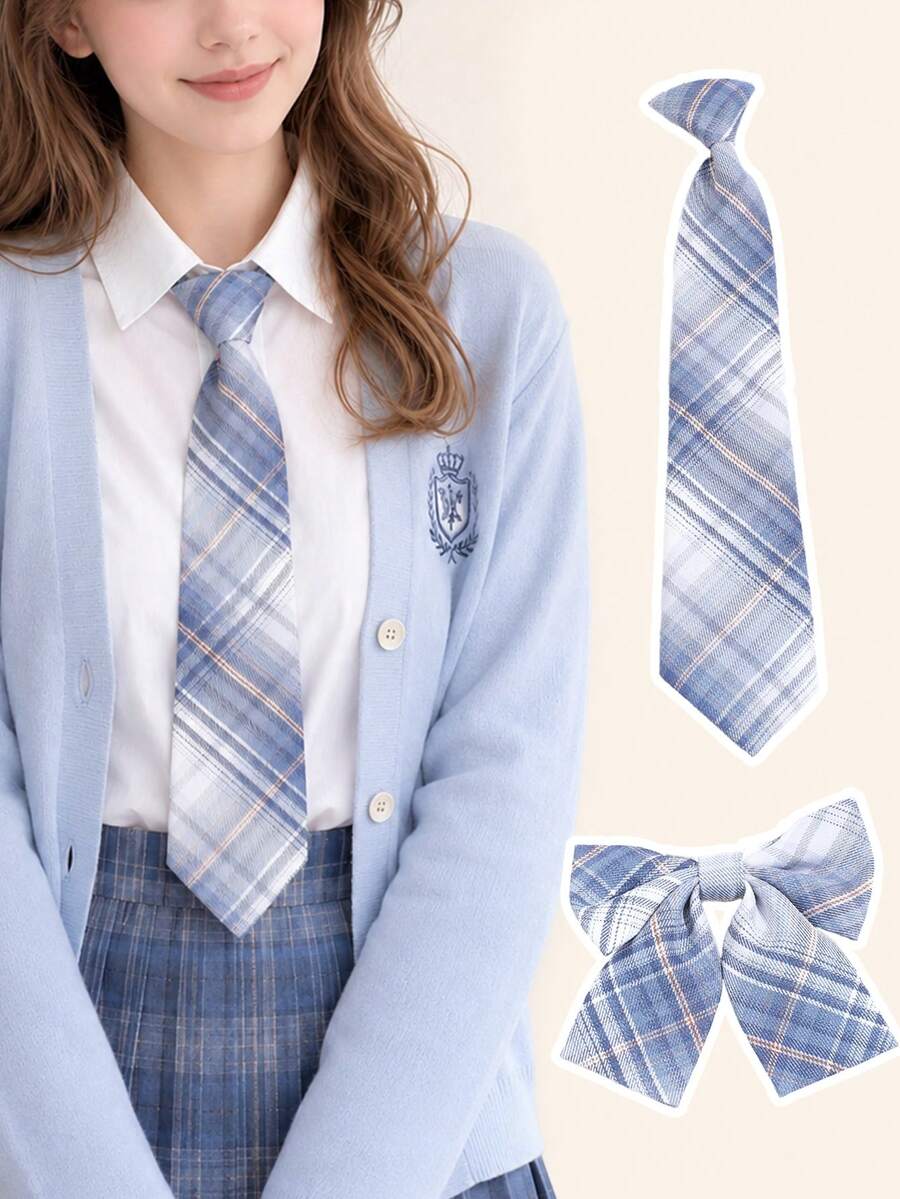 1件裝藍色格紋JK領帶/蝴蝶結 日式校服配件 女款女大學生風格西裝襯衫裝飾 - 彩色 - 查看 1