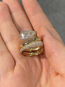 Besthing 2pcs/Set Fashion Glamorous S925 Sterling Silver 4CT Teardrop Moissanite Full Diamond Stackable Rings For Women, Quality Wedding Rings, Wedding, Daily Accessories, Anniversary, Holiday Gift - Multicolor - View 6