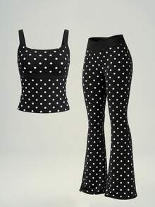 UONNOU 2Pcs Polka Dot Square Neck Cross Back Cami & Cross Waist Flare Pants Active Matching Set - Black - View 3