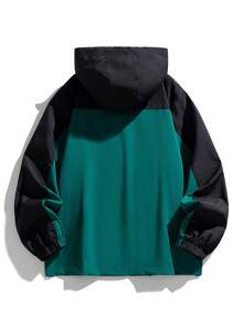 Women's Black & Dark Green Colorblock Hooded Jacket, Adjustable Drawstring Hood, Front Zipper Outdoor Hiking Sports Jacket - Dark Green - View 4