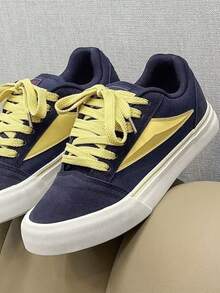Unisex Fashion Versatile One-Piece Craft Contrast Color Side Triangle Minimalist Pattern Round Toe Low-Top Lace-Up Flat Skate Shoes Retro Style Daily Casual Navy Blue Yellow Canvas Sneakers - Navy Blue - View 5