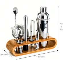 Ensemble de bar en acier inoxydable, ensemble d'outils de bar avec cuillères et base en bois, ustensiles de bar, accessoires pour bar à domicile et cuisine - Voir 2