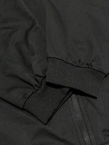 Men's Solid Black Zipper Flight Jacket Sweatshirt, Ribbed Stand Collar Long Sleeve Casual Knit Outerwear, Suitable For Daily Streetwear - Black - View 4