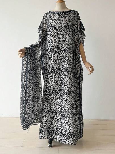 1 pièce Ensemble de robe en imitation de soie à imprimé léopard pour femmes, protection solaire d'été pour la plage, châle pullover avec ensemble de foulard en satin