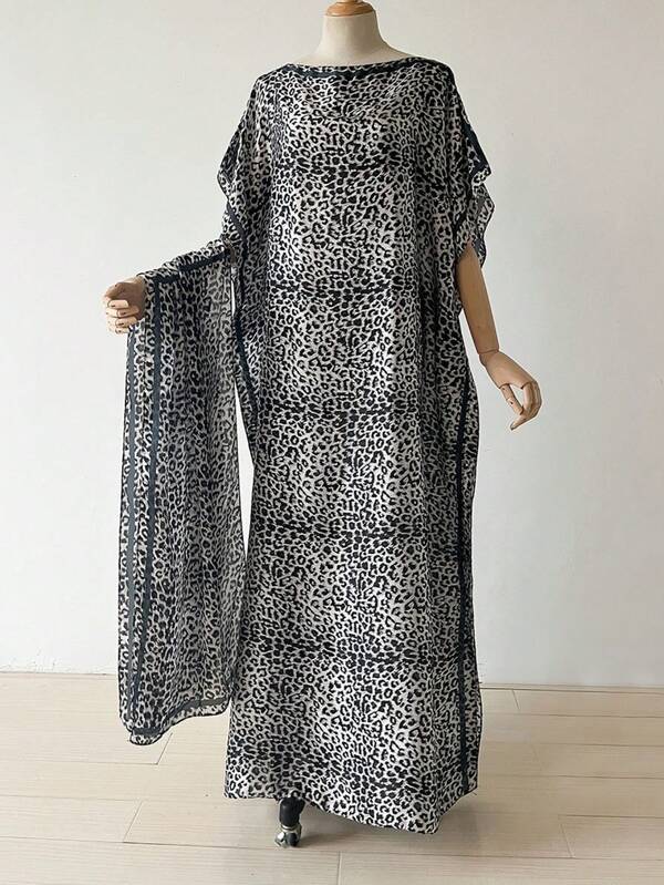 1pc Imitation Silk Leopard Print Robe Set Women's Summer Beach Sun Protection Pullover Shawl With Satin Scarf Set