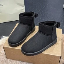 Women's Short Snow Boots With Bow Knot Heel, Minimalist Soft Style Winter Thermal Lined Ankle Boots - Black - View 6