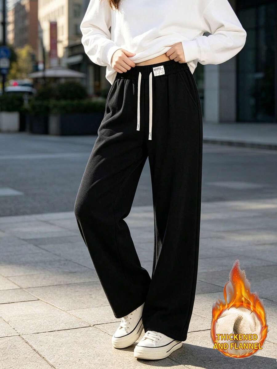 女款冬季運動長褲,保暖內裡,加厚保暖,直筒褲腿,燈芯絨,防寒,休閒,秋冬款,直筒黑色 - 黑色 - 查看 1