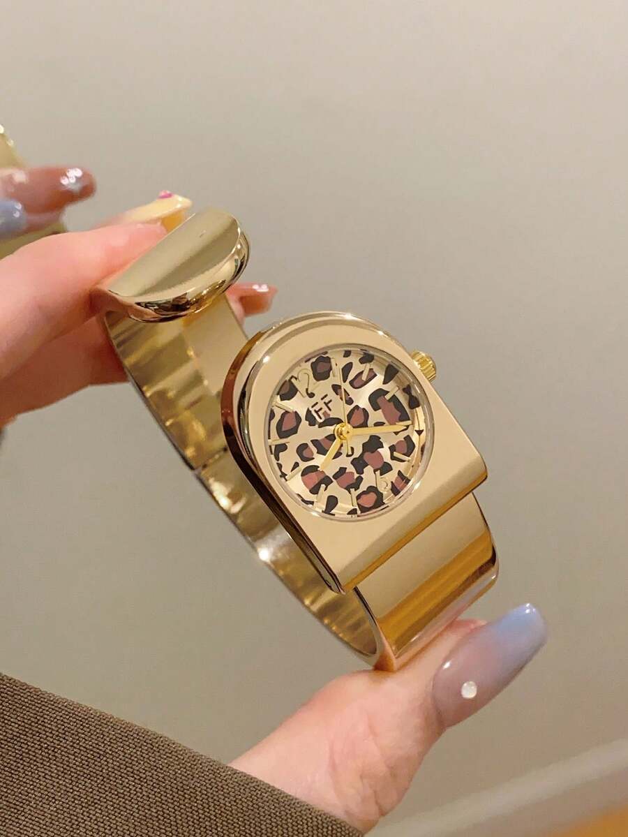 1件女款橢圓形銀黑方框金色錶盤石英休閒手錶,適合日常佩戴 - 金色 - 查看 1