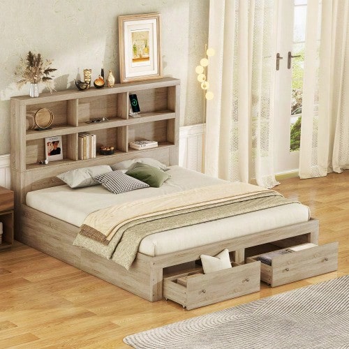 160*200cm Double Bed, Chipboard, King Size Platform Bed With Two Drawers At The Foot Of The Bed - Natural - View 1