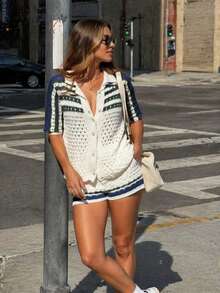 2026 New Striped Colorblock Cardigan Sweater Women's Summer New Hollow Out Breathable Short Sleeve Top Set - Multicolor - View 8