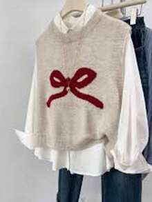Plus Size Women's Knit Bow Decor Sleeveless Knit Sweater Vest Plus Size Loose Layered Winter Pullover - Apricot - View 9