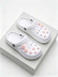 Women's EVA Clogs With Faux Rose Decor, Closed-Toe Beach Slides For Indoor And Outdoor Wear - White - View 9
