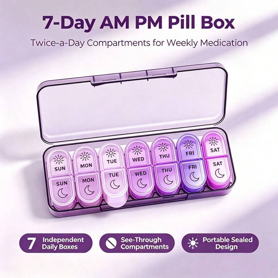 Portable Weekly Pill Organizer, Medication Storage Box, Clear Sun And Moon Icons To Prevent Missed Doses, Compact Pill Box, Easy Open And Close Design, Waterproof And Moisture-Proof, Suitable For Travel, Office And Christmas Gift - one-size - View 1