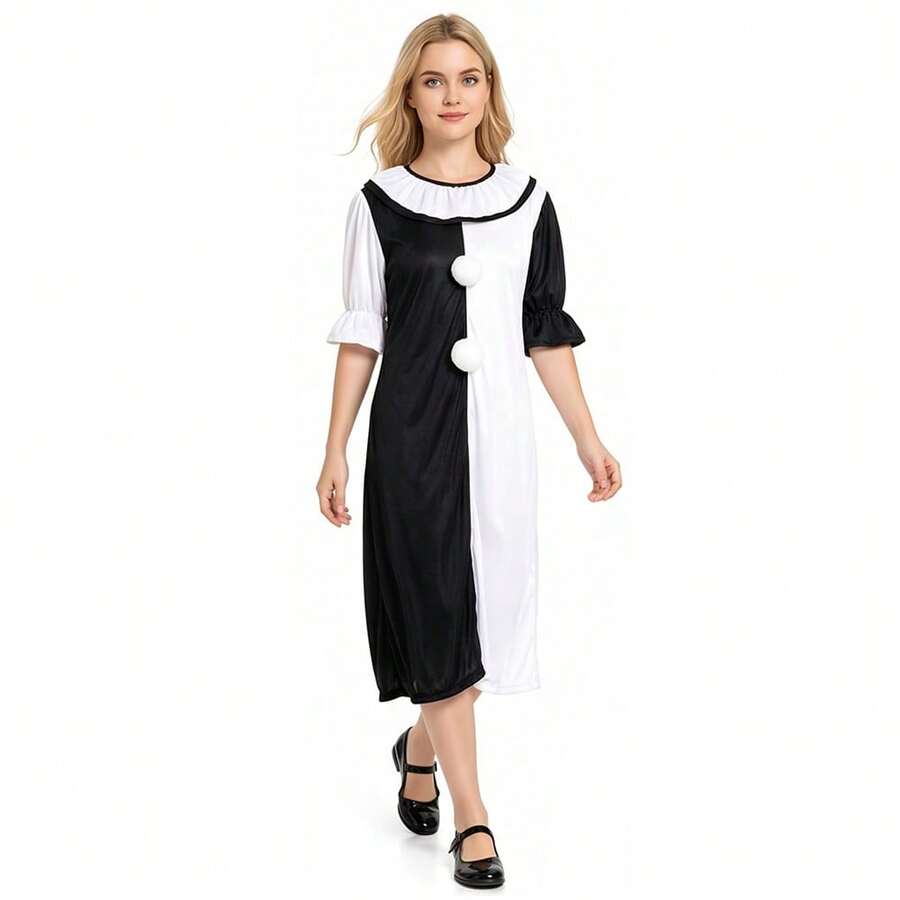 Women Dress Costume Halloween Cosplay Black White Dress Uniform Short Sleeve Outfit With Necklet