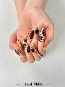 10pcs Handmade Press-On Nails, Long Pointed Shape, Reusable Manicure Set With Tools, Cute Style, Brown, Red, Marble Pattern, Gemstone Print, Gold Trim, Color Block, Hand-Painted Gradient, Suitable For Daily And Party Wear - Multicolor - View 4