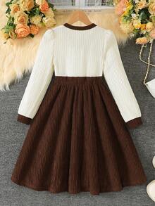 Autumn/Winter Girls' Fashion Elegant Single-Breasted Decorative Button Color-Block Long Sleeve Dress - Coffee Brown - View 3