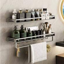 Estantería de almacenamiento para baño, estantería de almacenamiento para cocina, almacenamiento de pared de cocina, estantería de almacenamiento para balcón, adecuada para cocina, baño, inodoro, balcón, material de aleación de aluminio, resistente y duradero, a prueba de humedad y óxido, estantería de almacenamiento para botellas y frascos, ahorra espacio, dos métodos de instalación, estantería de almacenamiento sin taladro - A - Ver 3