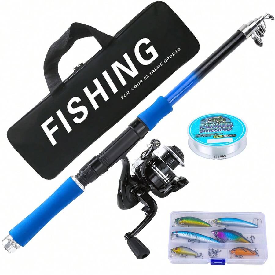 KecchKrezing Blue Travel Fishing Set, Telescopic Fishing Rod And Spinning Reel With Hard Baits, Complete Fishing Tackle Bag, Beginner Camping Gear