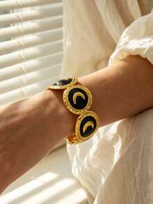 VceTd 1 Set Gentle Style Enamel Craft Pattern Design Stainless Steel Women's Bracelet Suitable For Vacation And Travel - Yellow Gold - View 5