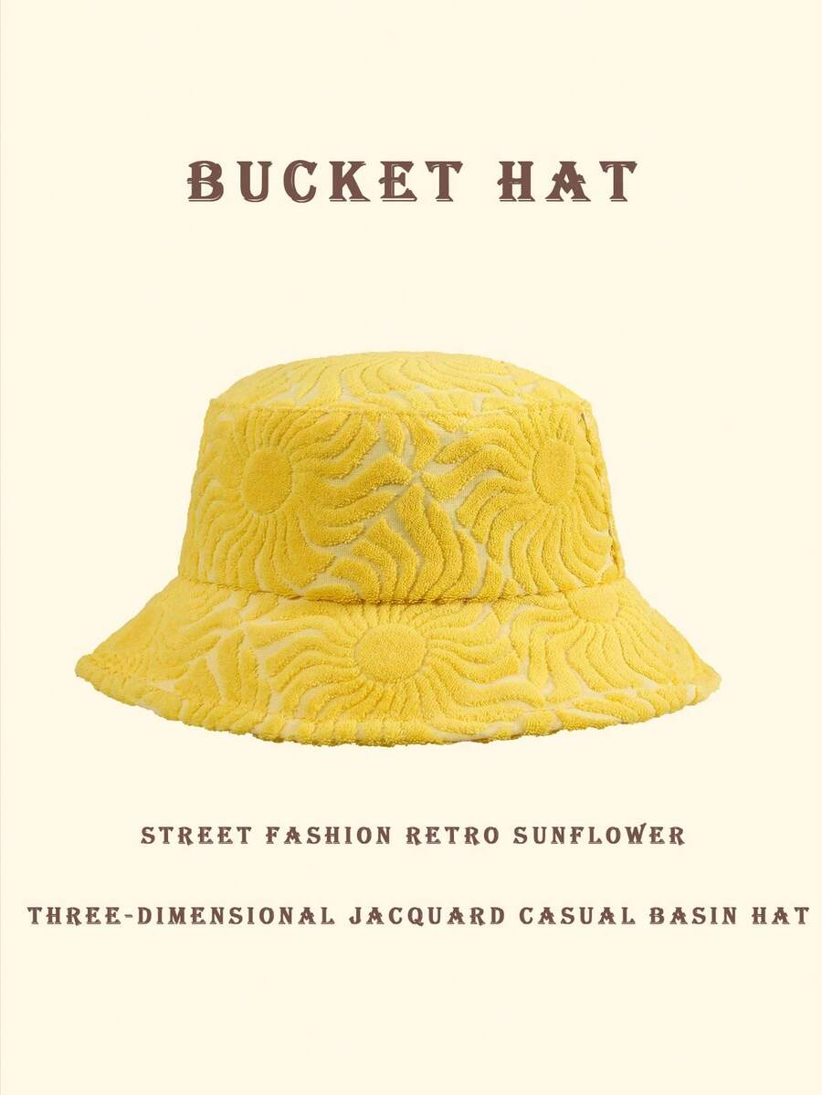 1 pieza Gorro de cubo estilo casual de calle con decoración de jacquard de poliéster con diseño de onda solar, patrón geométrico 3D, primavera verano otoño invierno - Amarillo girasol vintage - Ver 1
