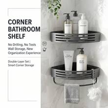 Estantería de baño ahorradora de espacio - Sin necesidad de perforar, estante triangular resistente con ganchos, uso en las 4 estaciones, organizador de almacenamiento multifuncional para baño y cocina, estantería autoadhesiva montada en la pared, caddy de ducha a prueba de óxido, la mejor opción para almacenar accesorios - Traje gris de doble capa - Ver 7