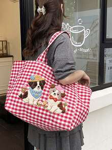 Puppy Pattern Plaid Tote Bag, Flat Cute Dog Print, Casual Plaid Shoulder Bag And Portable Coin Purse, Mini Makeup Bag With Zipper, Large Capacity Canvas Shoulder Bag, Slouchy Handbag, Multi-Functional Shopping Bag, Campus Style Tote Bag, Suitable For Shopping, Commuting, Back To School, Travel And Daily Use, Unique Birthday Gift, Holiday Gift, Party Gift, Teacher Gift - Multicolor - View 9