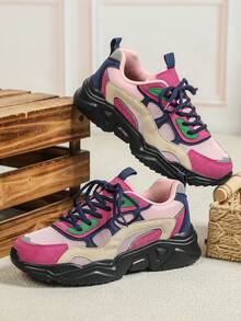 Men Street Fashion Color Patchwork Platform Sneakers, Light Cushioned Wedge Chunky Sole All Season Trainers For Daily Trip Jogging Commute - Rose Pink Blue Black Background - View 2