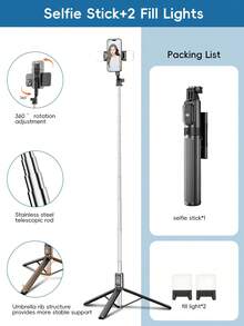 Bluetooth Remote Control Alloy Selfie Stick, 130cm Length, With Phone Holder, Equipped With 3-Color LED Light, Extendable, 360° Rotation, Anti-Shake And Foldable, Portable Tripod Design, Ensures Stable Shooting, Suitable For Live Streaming - one-size - View 13
