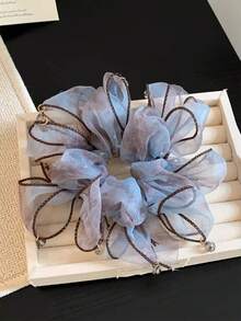 1pc Gray Blue Mesh Flower Pendant Hair Scrunchie, Soft Fairy Fluffy Large Hair Tie For High Ponytail Bun, Spring Summer Commute Date Hair Accessory - Multicolor - View 2