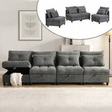 [Cloud Modular Sofa] 4-Seater Modular Separable Sofa Set: Freely Combinable + Storage Space Under All Seat Cushions + Sleeping Function + Chenille Cover, Free Room Design With Living Room Sofa Bed Combination - Antique Gray - View 3