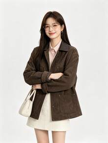 Jaket Kancing Depan Bahan Suede Beludru Gaya Gudang Vintage Maillard Warna Cokelat, Cocok untuk Pakaian Sehari-hari di Kampus/Kantor, Musim Dingin - Chocolate Brown - View 6