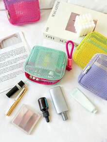 1pc Macaron Color Fresh Style High-Quality Multifunctional Mesh Storage Bag, Cute Wallet Design, Portable Makeup Bag, Zipper Tissue Storage Bag And Sanitary Pad Storage Box, Suitable For Home, Travel, Vacation And School For Girls, Multifunctional Storage For Small Items - Multicolor - View 4