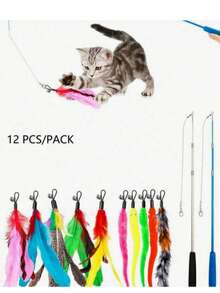 Juguete para gatos, set de juguetes para gatos, plumas artificiales de colores, varita para gatos, campana de oruga, cabeza de varita para gatos reemplazable, se puede usar en interiores y exteriores, entrenamiento, obediencia independiente, alivia el aburrimiento, (Azul, Negro. (Color de cabeza de reemplazo aleatorio)). - Multicolor - Ver 21
