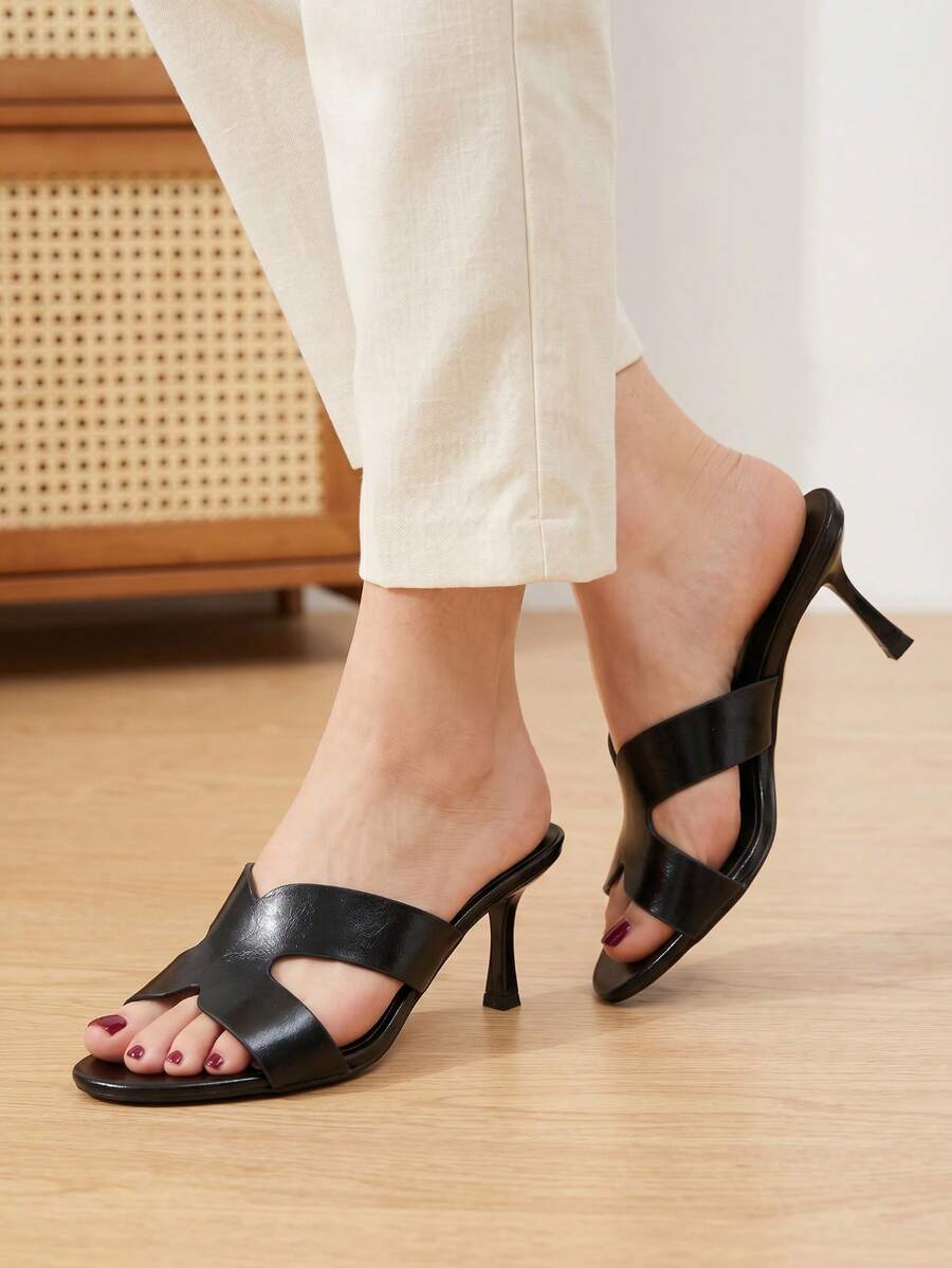 Black Faux Leather Cutout Strap Kitten Heel Mules, Open Toe Slip-On Women Summer Sandals - Black - View 1
