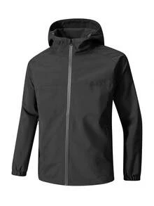 Women's Autumn Pure Black Zipper Hooded Jacket, Adjustable Drawstring Hood, Elastic Cuffs, Hiking Outdoor Jacket - Black - View 3