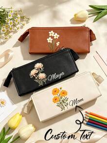 Customized Pencil Case, Personalized Name Pencil Box, Floral Print, Large Capacity Design, Unisex For Students, Personalized Customization, Reusable, Large Capacity, Suitable For Stationery, Lipstick, Makeup Brushes, Eyebrow Pencils Storage, Gift For Family, Friends, Students, Professionals, Teachers, Suitable For Business Office And Campus Life, Back To School Gift, Teacher Gift - Multicolor - View 1