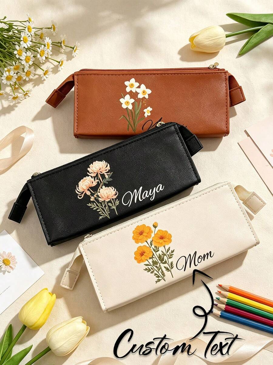 Customized Pencil Case, Personalized Name Pencil Box, Floral Print, Large Capacity Design, Unisex For Students, Personalized Customization, Reusable, Large Capacity, Suitable For Stationery, Lipstick, Makeup Brushes, Eyebrow Pencils Storage, Gift For Family, Friends, Students, Professionals, Teachers, Suitable For Business Office And Campus Life, Back To School Gift, Teacher Gift - Multicolor - View 1