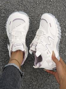 Flipark 1 Pair New Women's Casual Sports Shoes, Tennis Shoes, Preppy Style, Fashionable Women's Colorblock Lace-Up Thick Sole Sneakers, Versatile Daily Commute Casual Chunky Sneakers - Mauve Purple - View 2