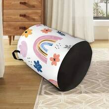 A Bohemian Rainbow Floral Print Laundry Basket With Cartoon Rainbow And Wildflower Patterns, Featuring Handles For Storage, Suitable For Clothes And Bedroom Home Decor - Multicolor - View 3