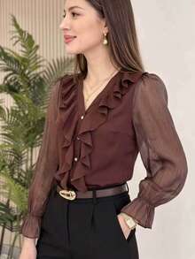 Blus Lengan Panjang Berkerut Elegan Gaya Prancis, Potongan Longgar, Atasan Serbaguna dan Elegan untuk Musim Gugur - Coffee Brown - View 7