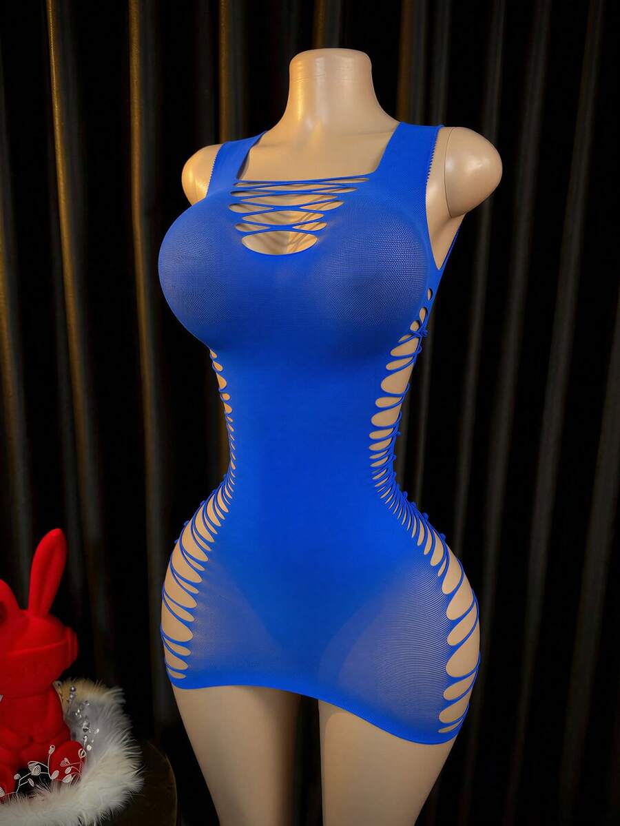 女款純色鏤空設計性感無袖內衣洋裝 - 藍色 - 查看 1