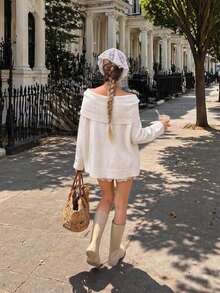 2026 Women's Autumn/Winter New Slouchy Sweater High-End Knit Off-Shoulder Top - White - View 4