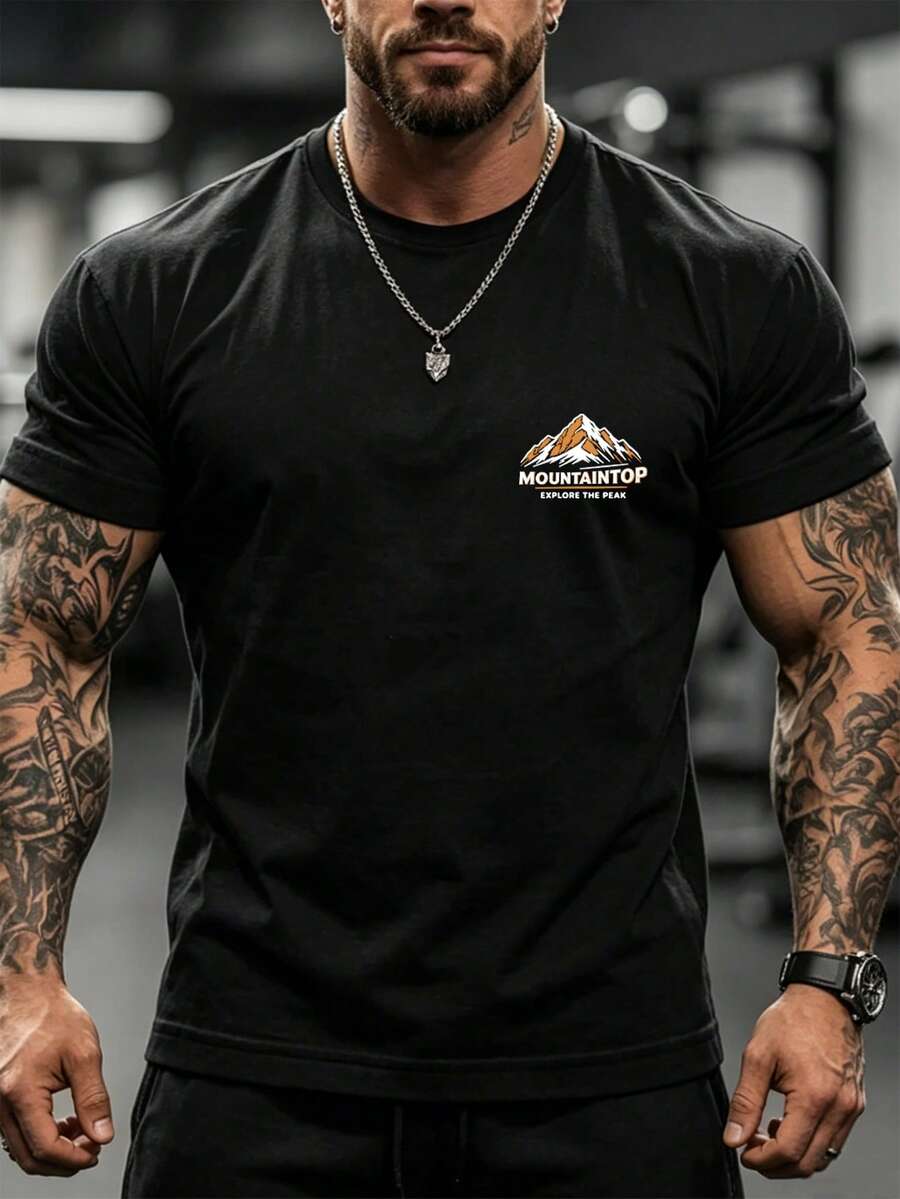 Men's Casual Simple Crew Neck Short Sleeve Sports T-Shirt With Small Mountain Print - Black - View 1