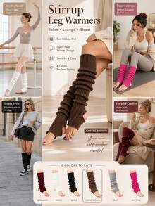 Women's Ribbed Stirrup Leg Warmers, Open Heel Knit Calf Sleeves With Lettuce Edge Trim, Stretchy Dance Warmers For Ballet, Y2K Street Style & Cozy Out - Multicolor - View 2
