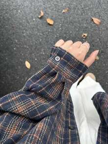 Women's New & Best-Selling Spring Casual Retro Plaid Button-Down Shirt With Long Sleeves (Can Be Worn As An Outer Layer) - Navy Blue - View 7